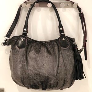 MZ Wallace Silver Linen Elsa, black leather pull